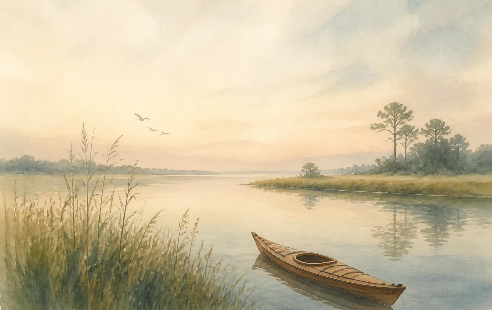 Watercolor of a kayak on a still Chesapeake Bay river at dawn