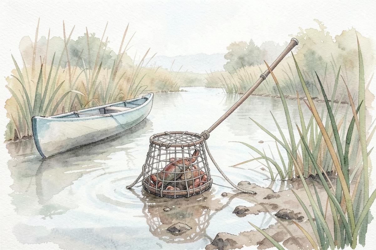 Watercolor of a crab pot lifted from a tidal creek beside a kayak