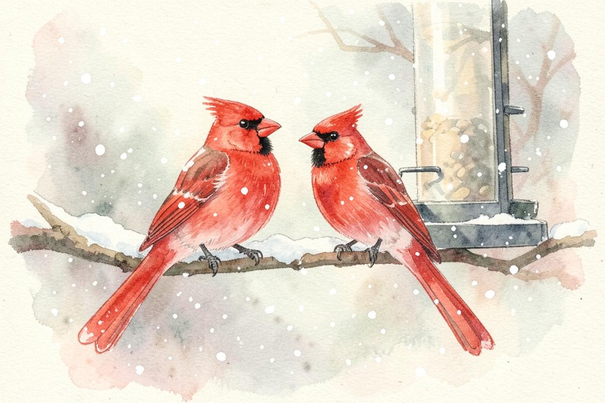 Watercolor of two cardinals on a snowy branch beside a feeder