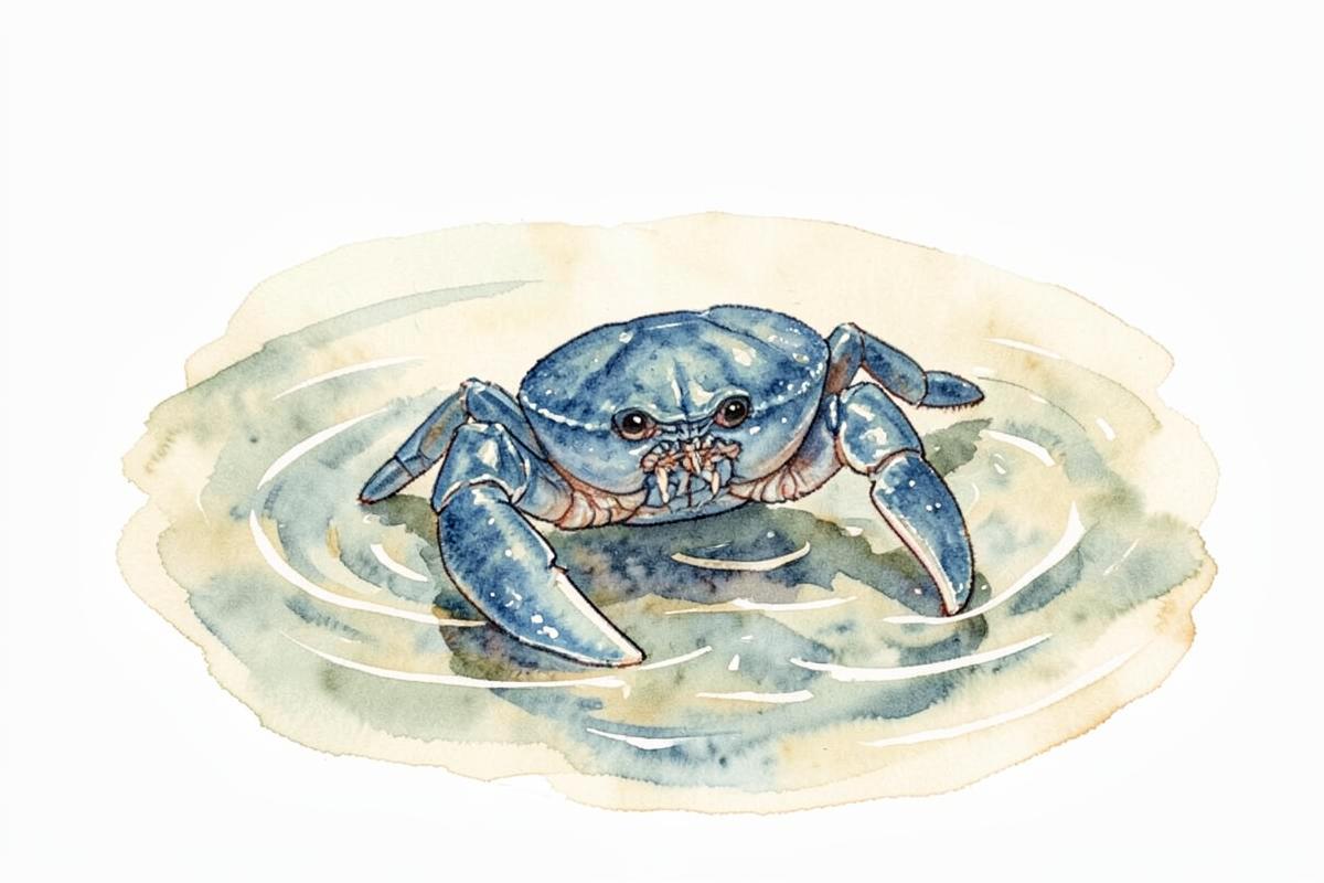 Watercolor of a blue crab in shallow water