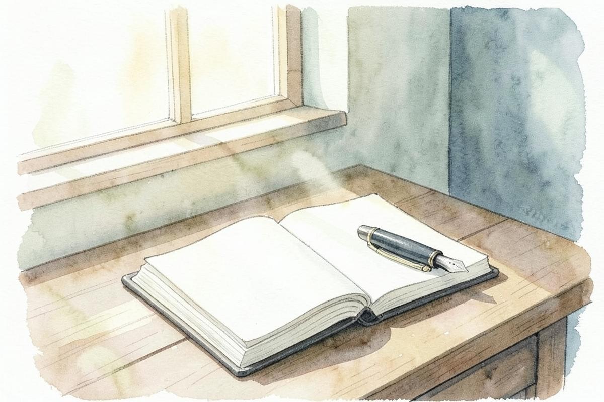 Watercolor of an open notebook and fountain pen by a window