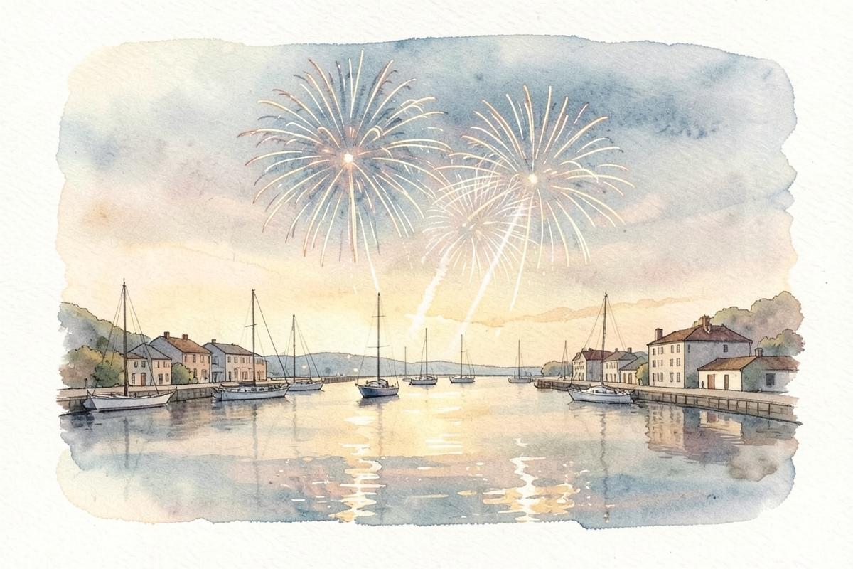 Watercolor of fireworks over a quiet harbor at dusk