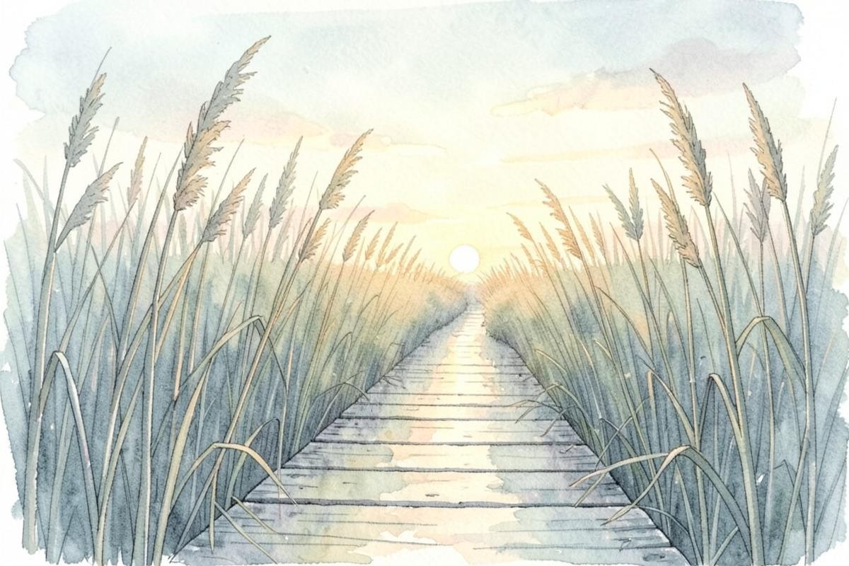 Watercolor of a boardwalk through marsh grasses at sunrise